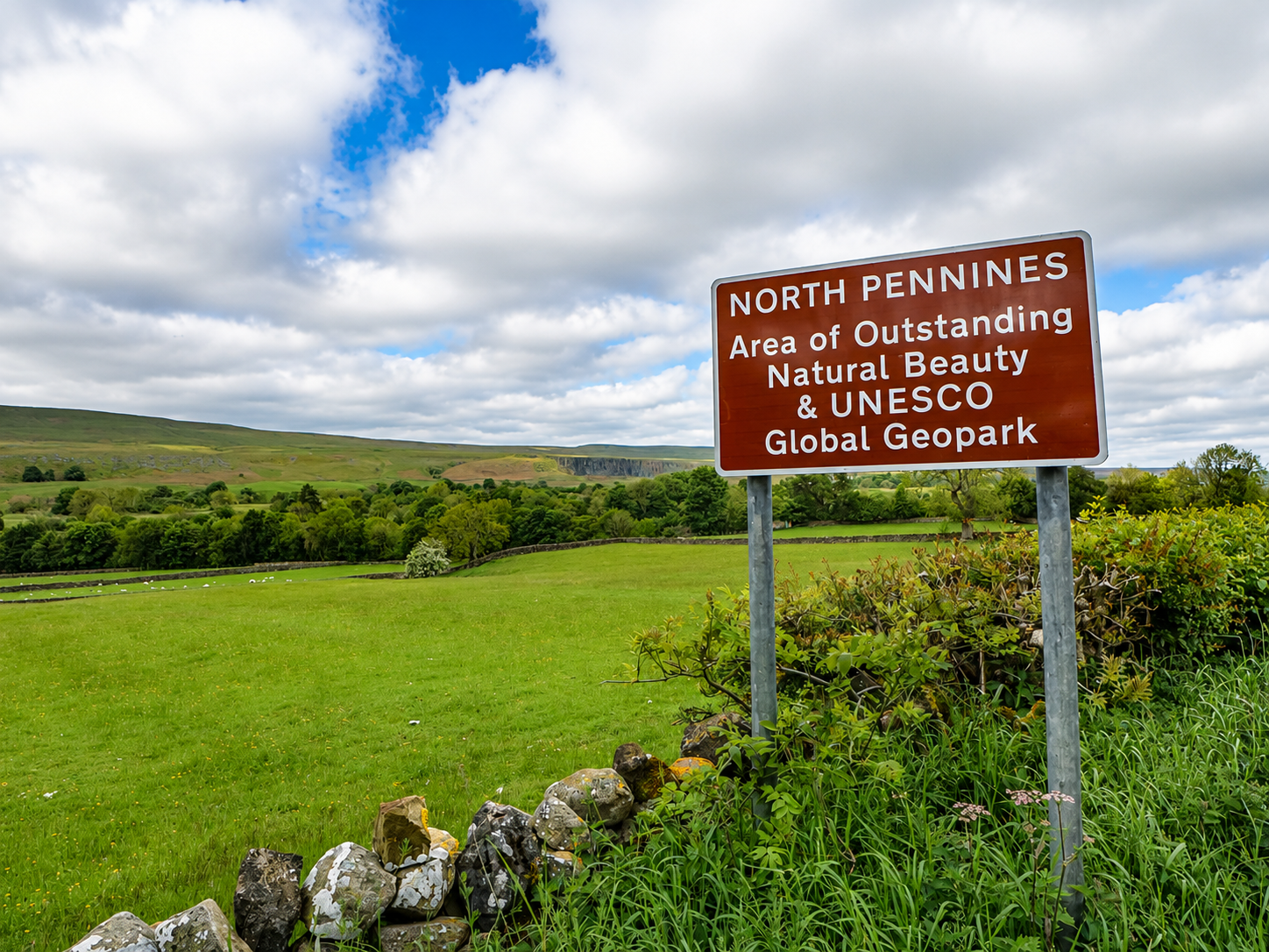 North Pennines AONB and UNESCO Global Geopark sign with Teesdale valley